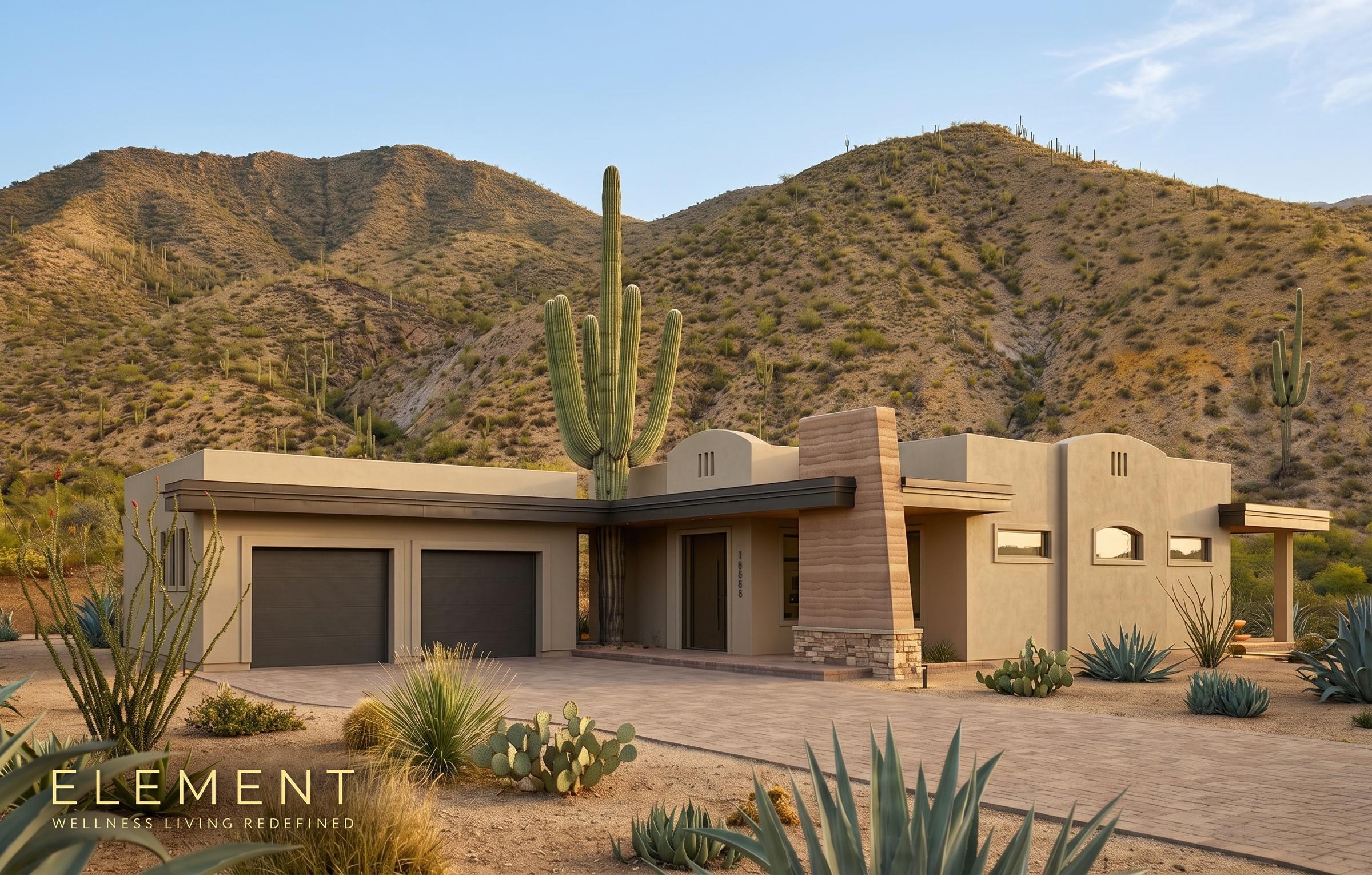 ELEMENT #1, 1,880 sq ft holistic home exterior in the ELEMENT wellness community north of Tucson, Arizona