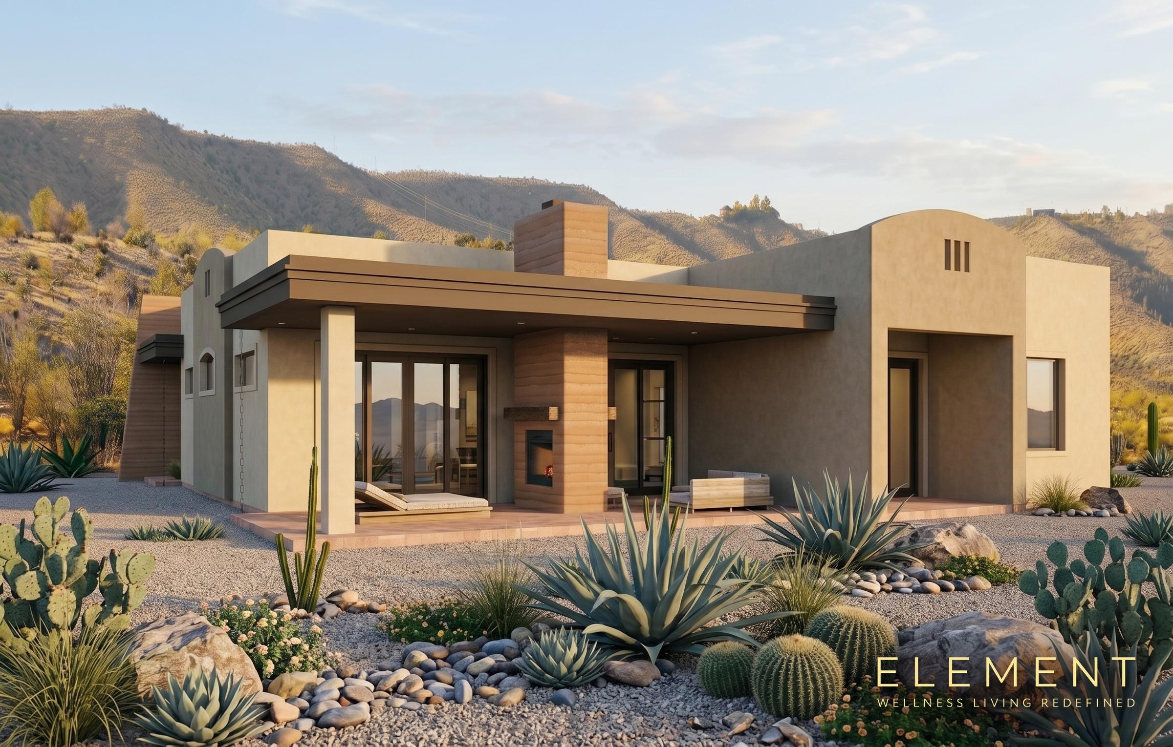 ELEMENT #1 rear exterior with covered patio and fireplace