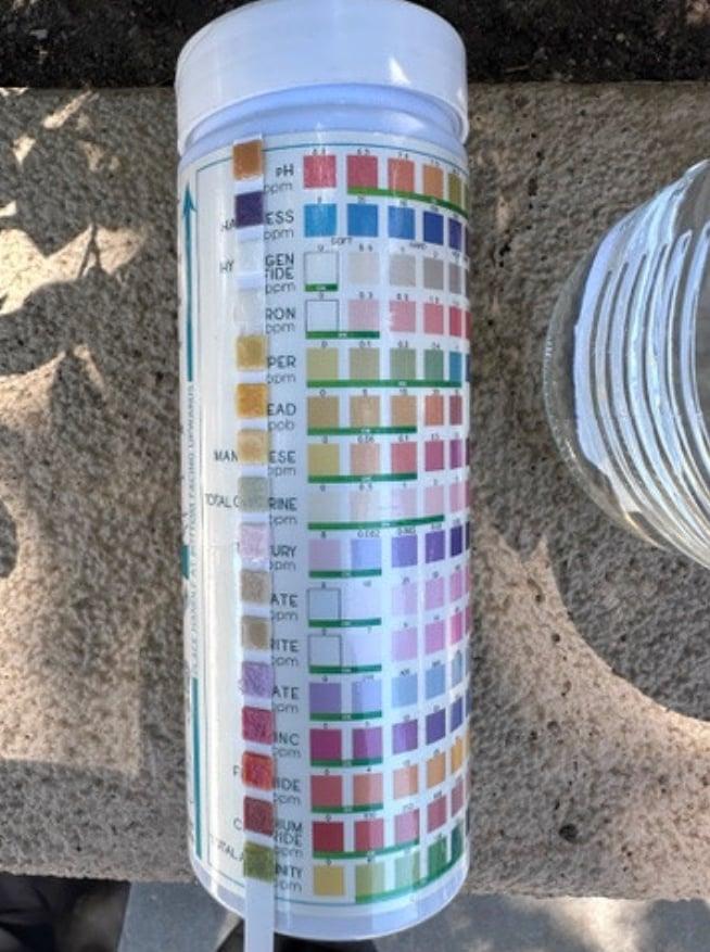 Multi-parameter water quality test strip kit with color comparison chart